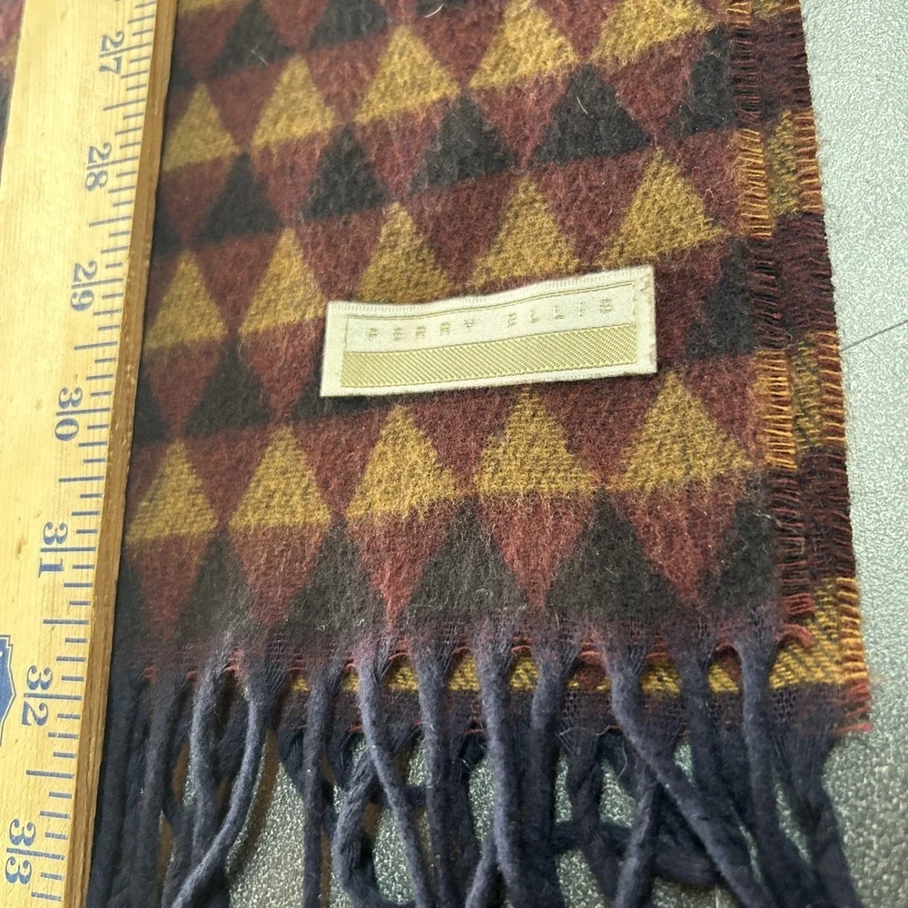 Perry Ellis Cashmere Scarf Brown Tan Black Geometric Fringe Soft Warm Unisex